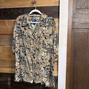 PACIFIC BLUE L Mens Shirt Top Hawaiian Aloha Flowers Neutral